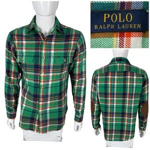Polo Ralph Lauren Mens Medium Shirt Flannel Green Plaid 100% Cotton Elbow Patch